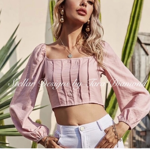 🔥HP🔥 Blush Pink Pleated Puff Sleeve Crop Top - Picture 6 of 8